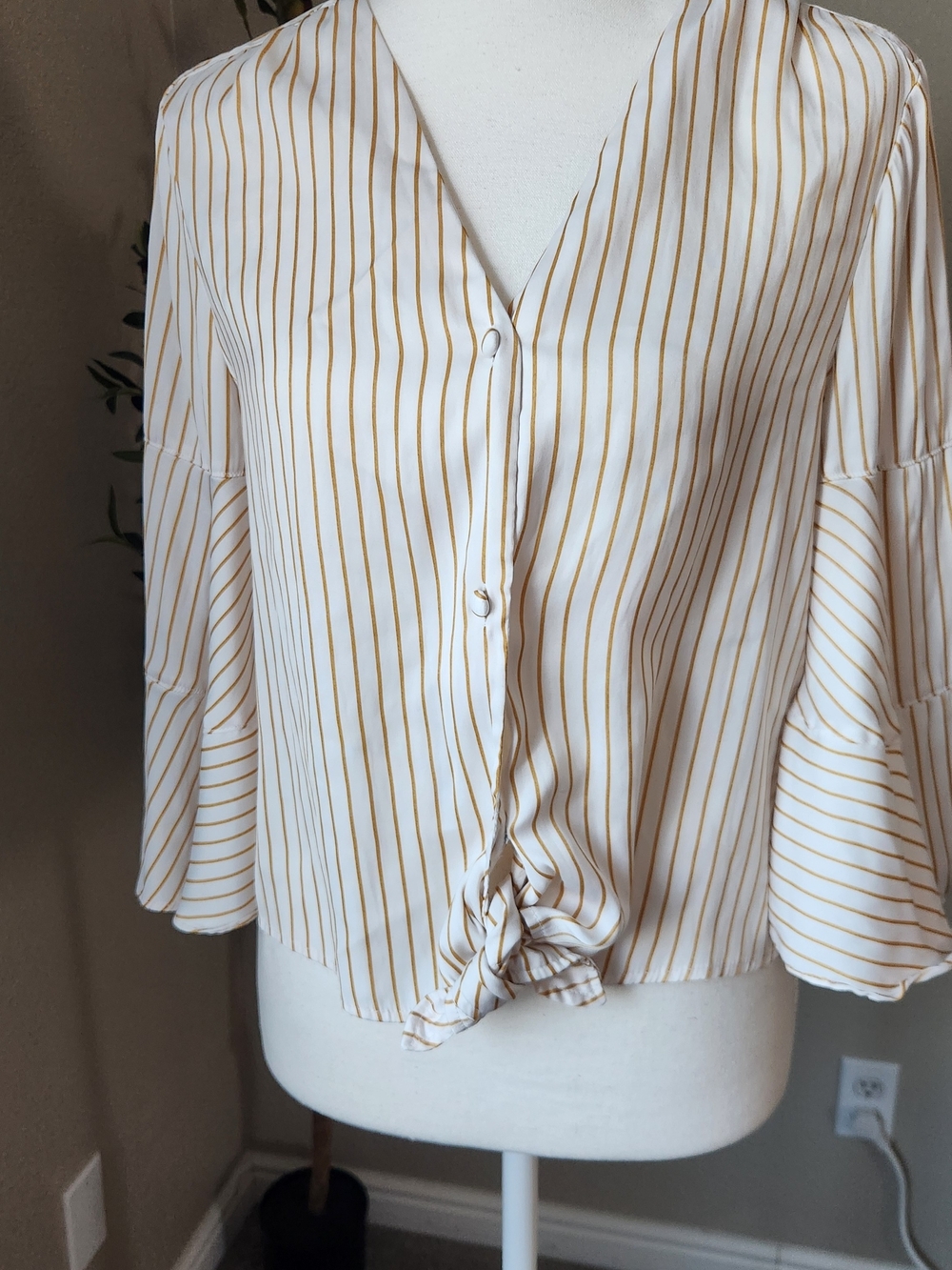 LC Lauren Conrad White Blouse with Mustard Stripe Tie Front